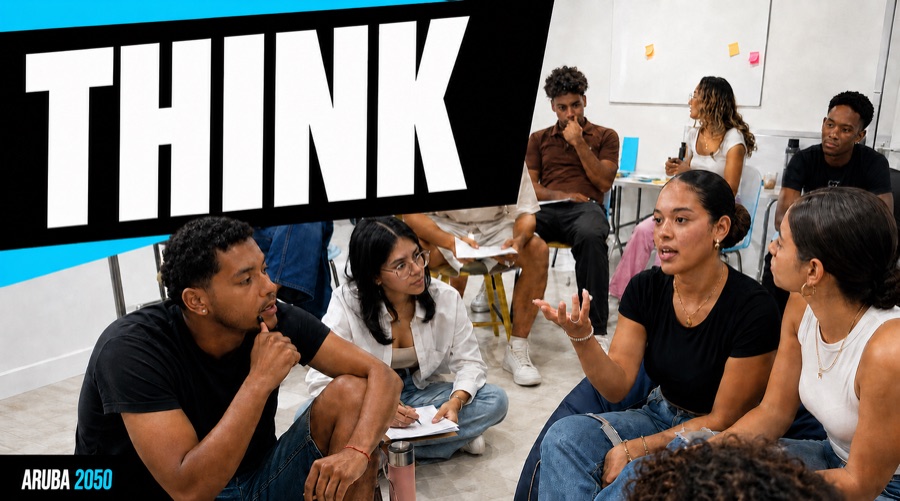 Young Arubans in a small-group discussion at a workshop, one speaking as the others listen.